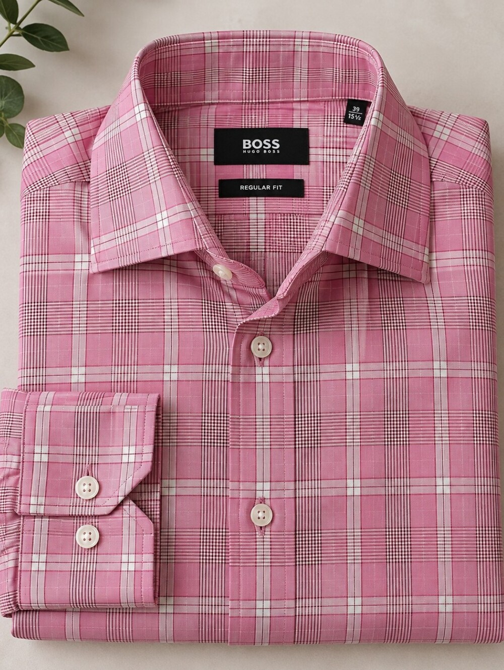 Hugo Boss Men's Pink Plaid Cotton Shirt 100% Cotton Regular Fit 39 15½